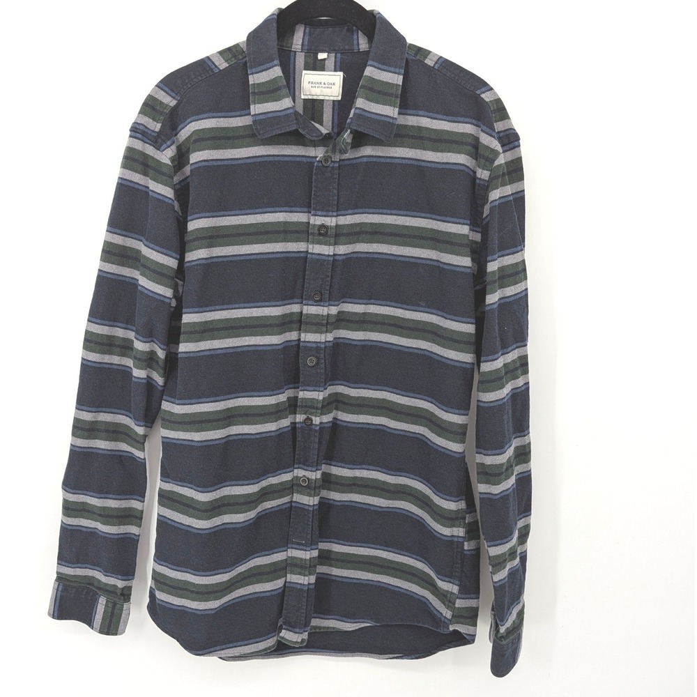 Frank & Oak Button Front Shirt Men Large Blue Striped Flannel Long Sleeve Casual